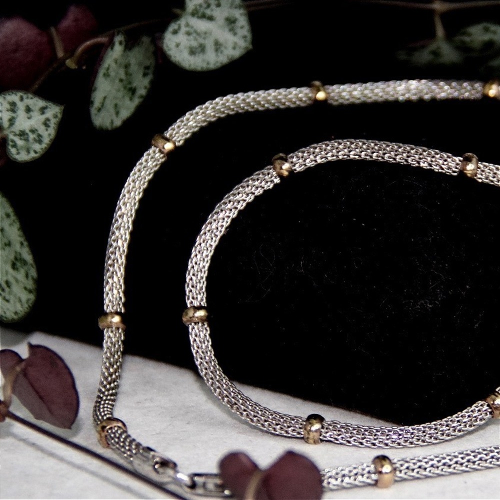 Sterling Silver Two Tone Mesh Popcorn Chain Necklace Gold Tone Bead Accents 16in - Picture 3 of 9